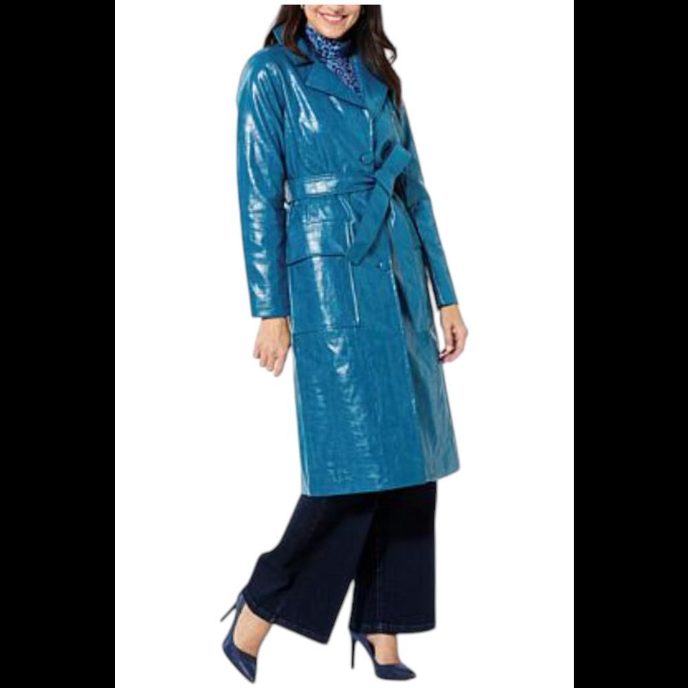 G by Giuliana Women's Croco-Embossed Faux Leather Trench Coat Teal - Regular